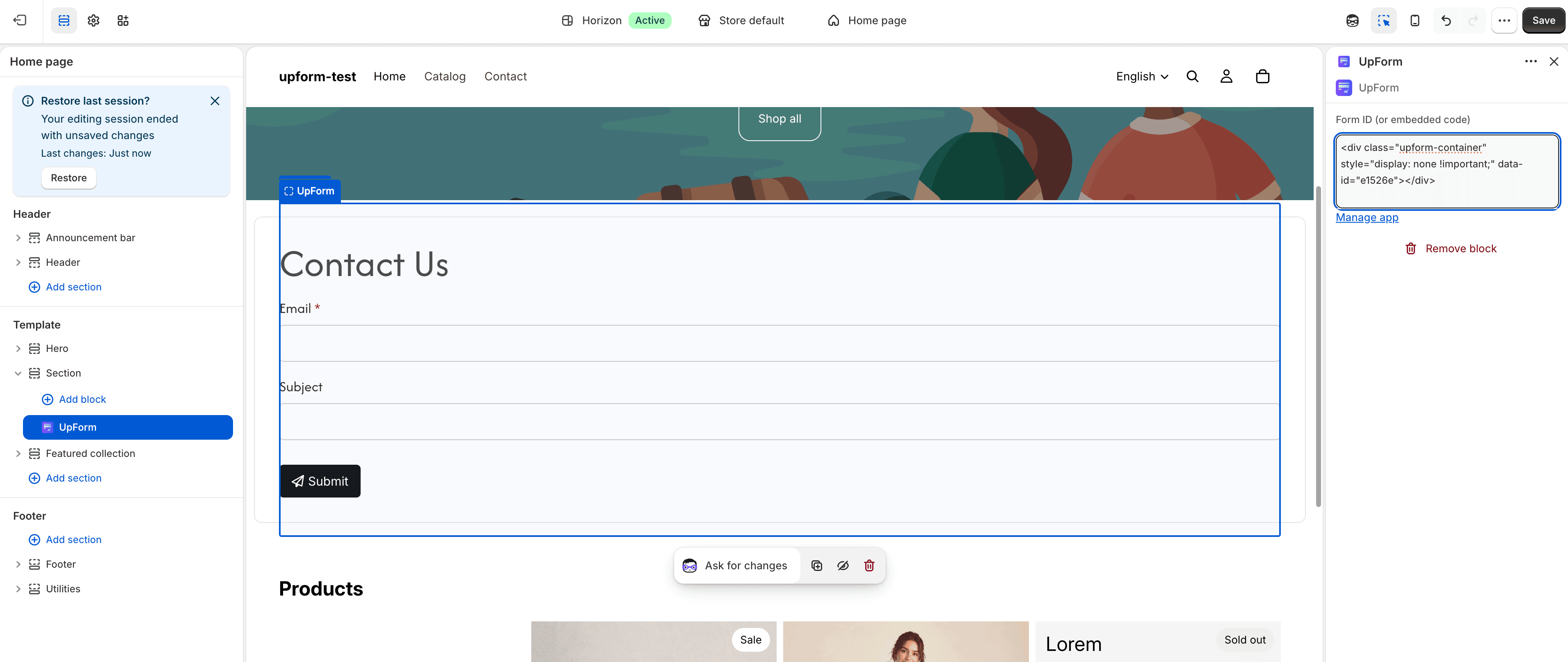 Homepage theme editor UpForm section