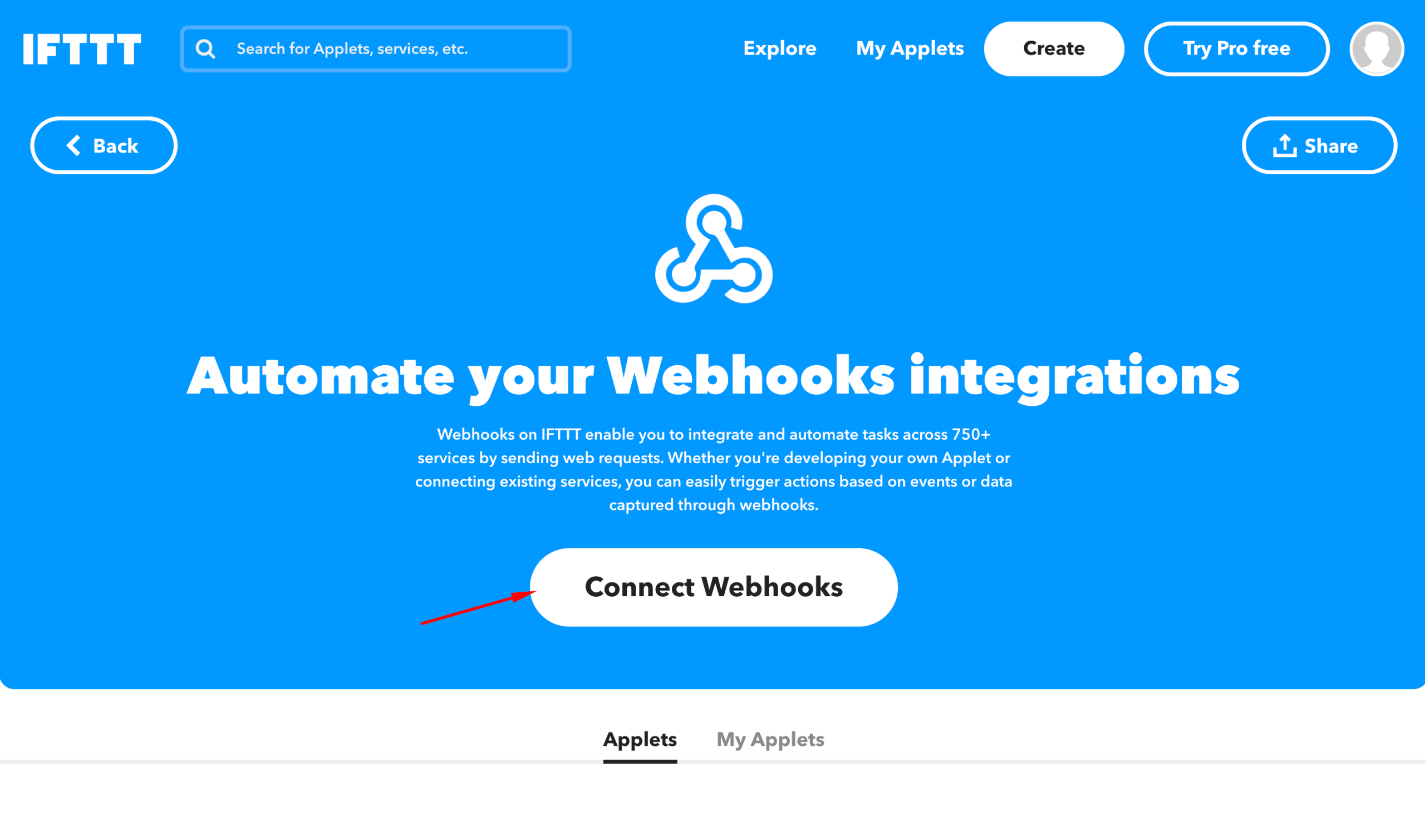 IFTTT Webhooks Connect page