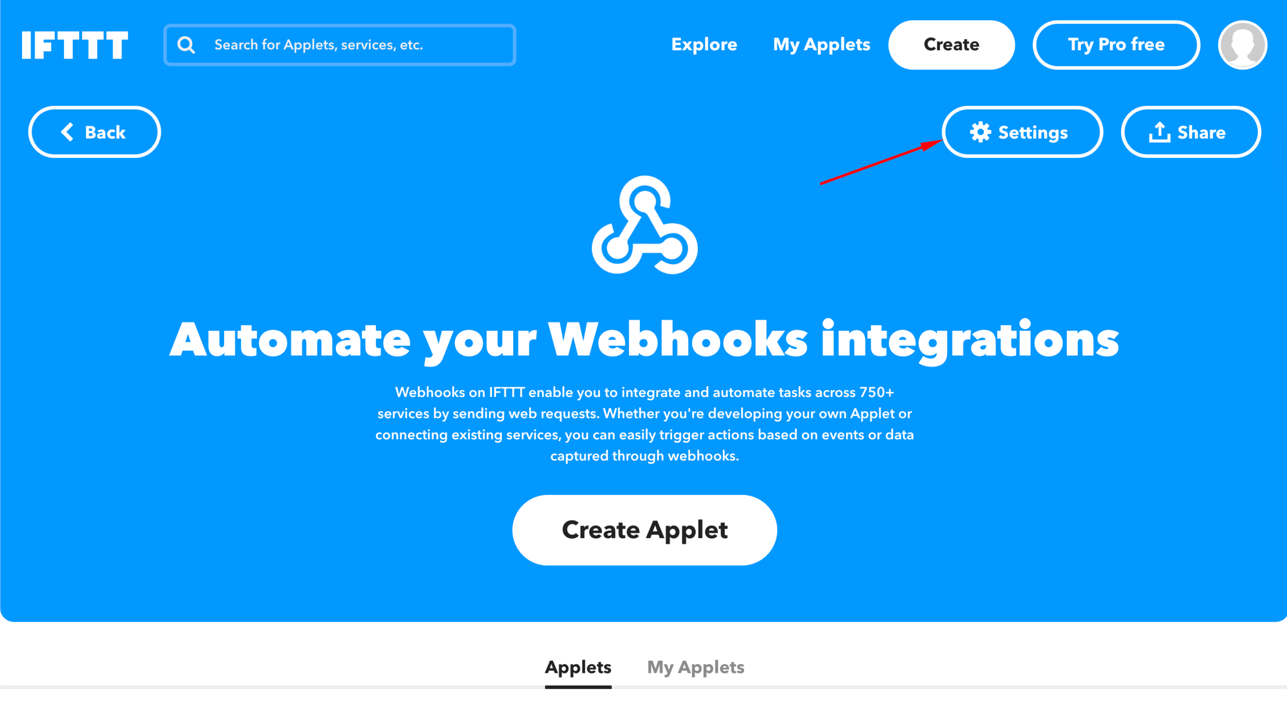 IFTTT Webhooks Settings page