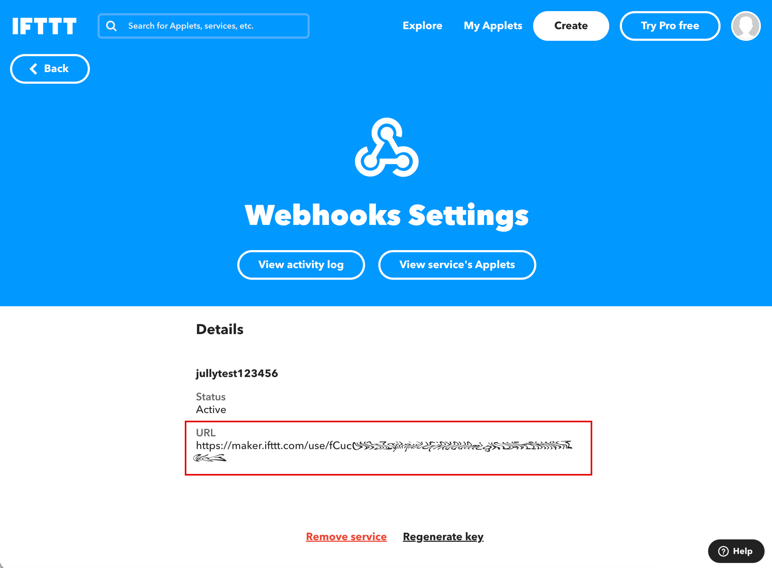 Copy IFTTT Webhooks API key from URL