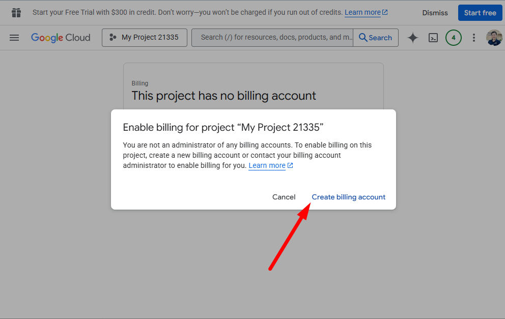 Google Cloud project billing setup