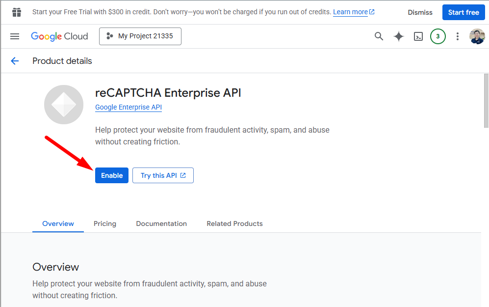 Enable reCAPTCHA Enterprise API
