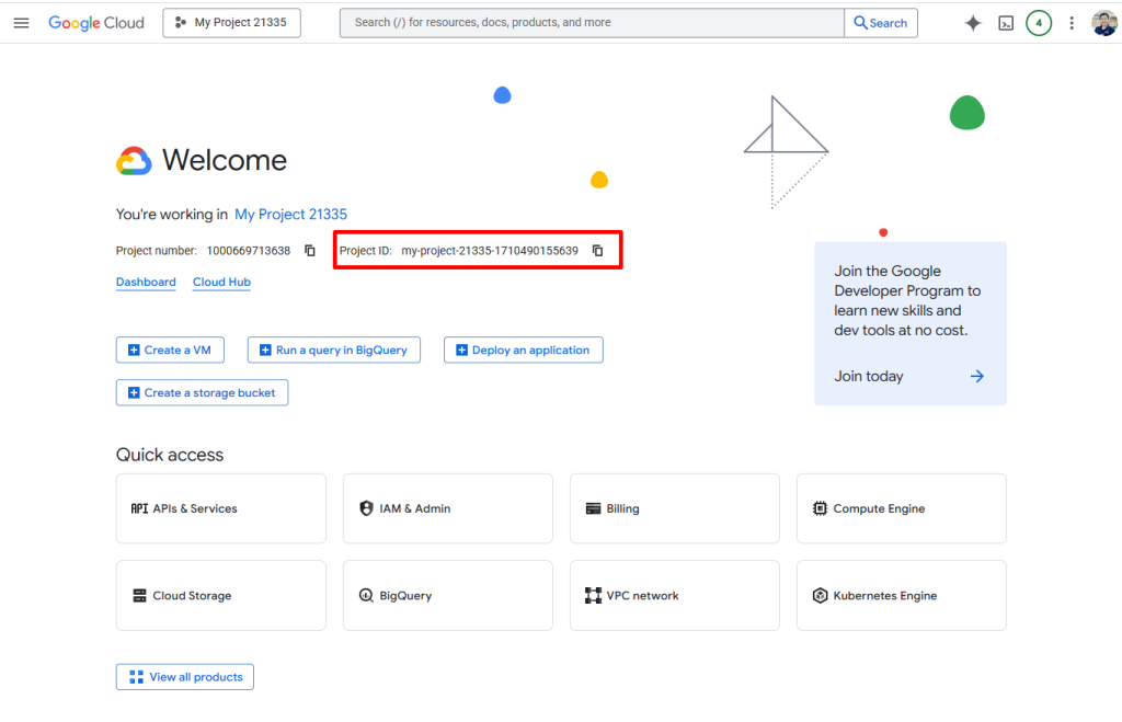 Google Cloud dashboard Project ID