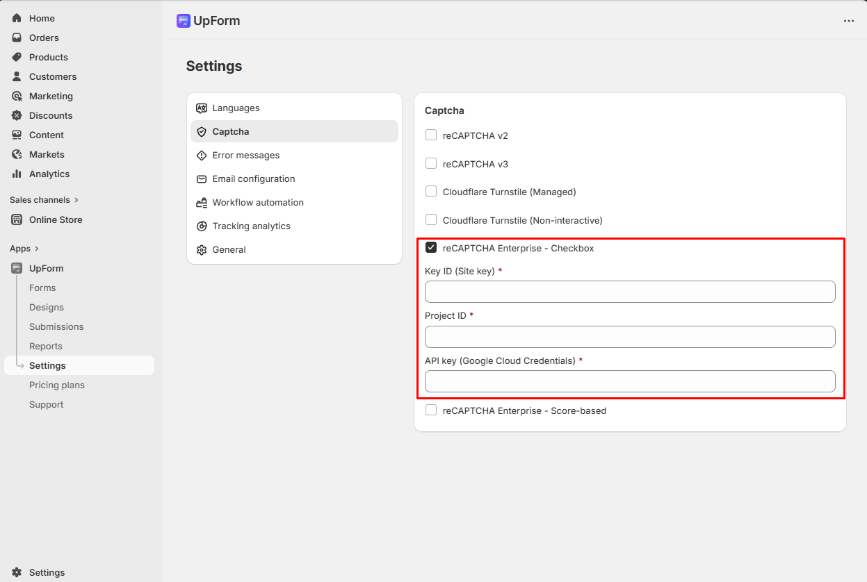 UpForm reCAPTCHA Enterprise CAPTCHA settings