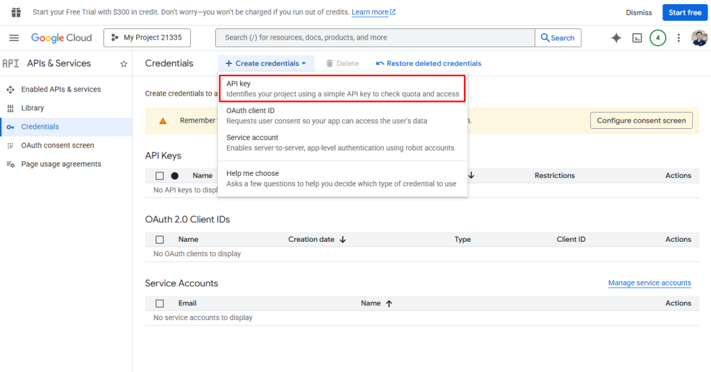 Create Google Cloud API key