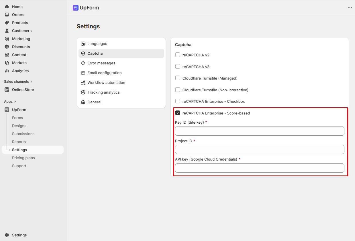 Enter reCAPTCHA Enterprise credentials