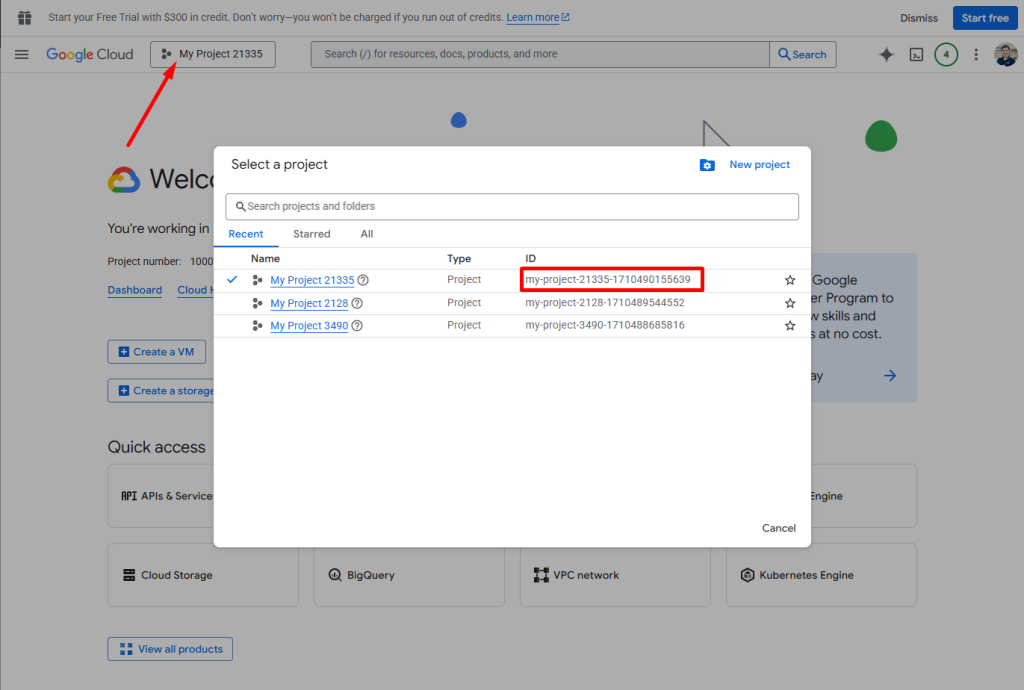 Google Cloud project picker Project ID