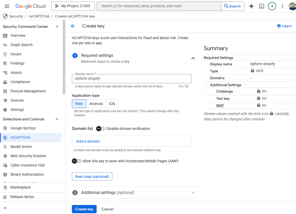 reCAPTCHA key website domain settings