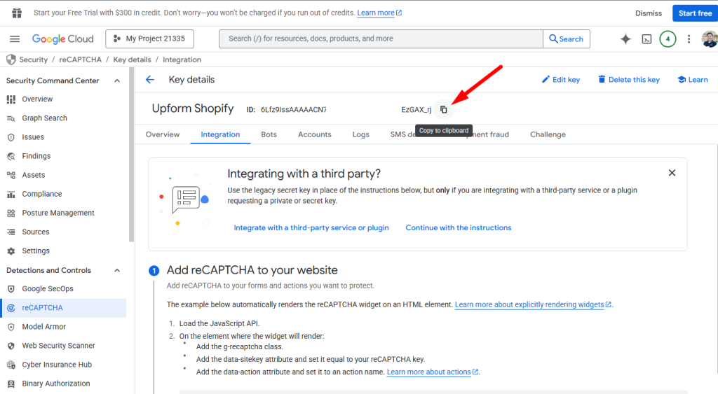 Copy reCAPTCHA Enterprise Key ID