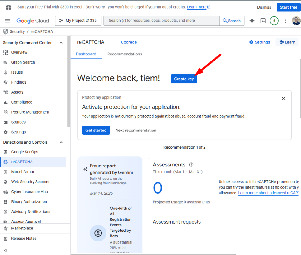 Create reCAPTCHA Enterprise key