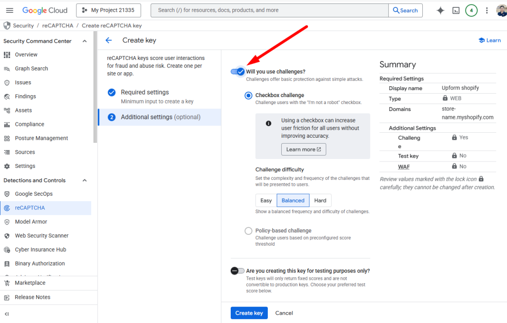 Create checkbox reCAPTCHA key