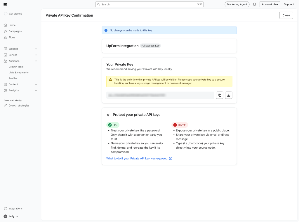 Copy new Klaviyo private API key