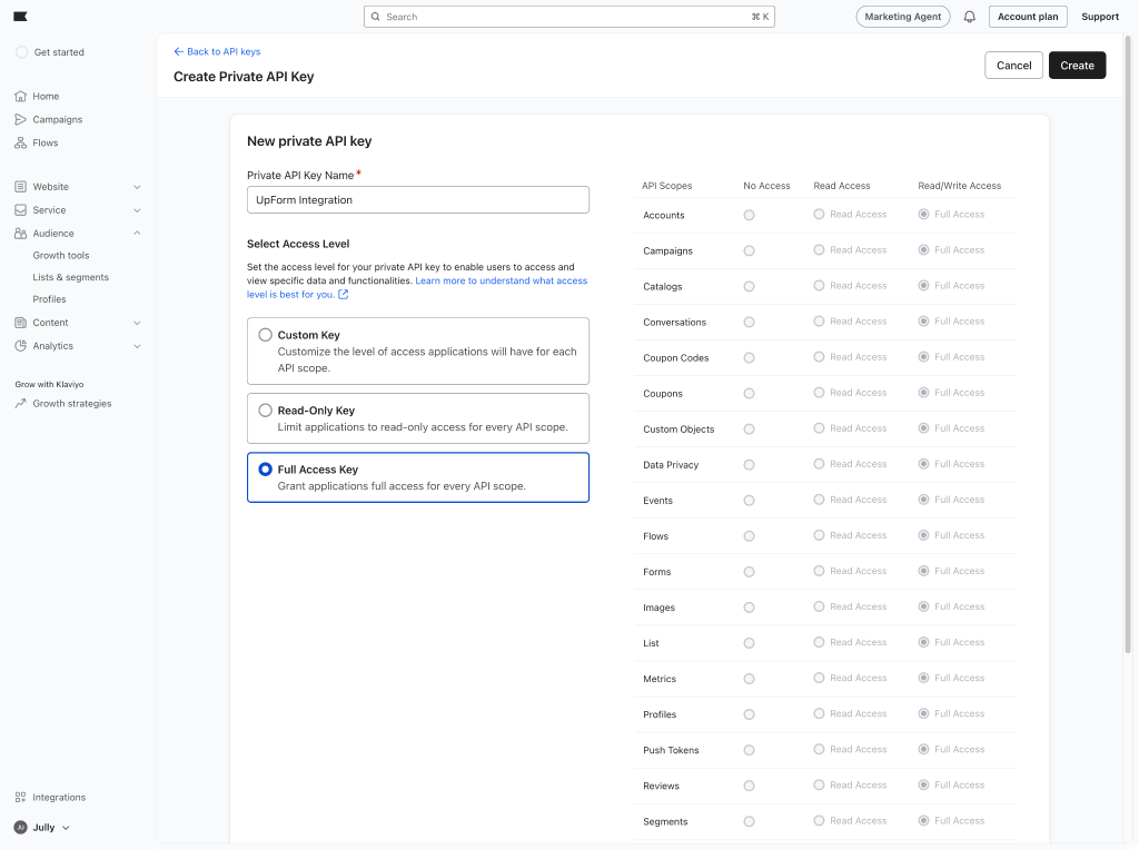 Create Private API Key in Klaviyo