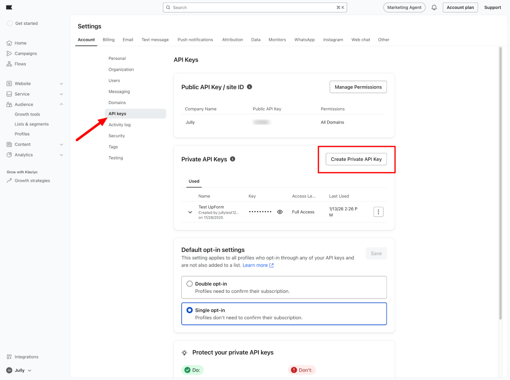 Klaviyo Settings API Keys page