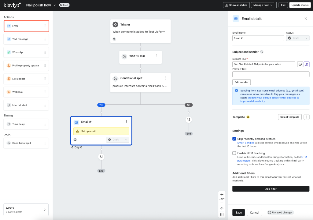 Klaviyo flow Send Email on YES path
