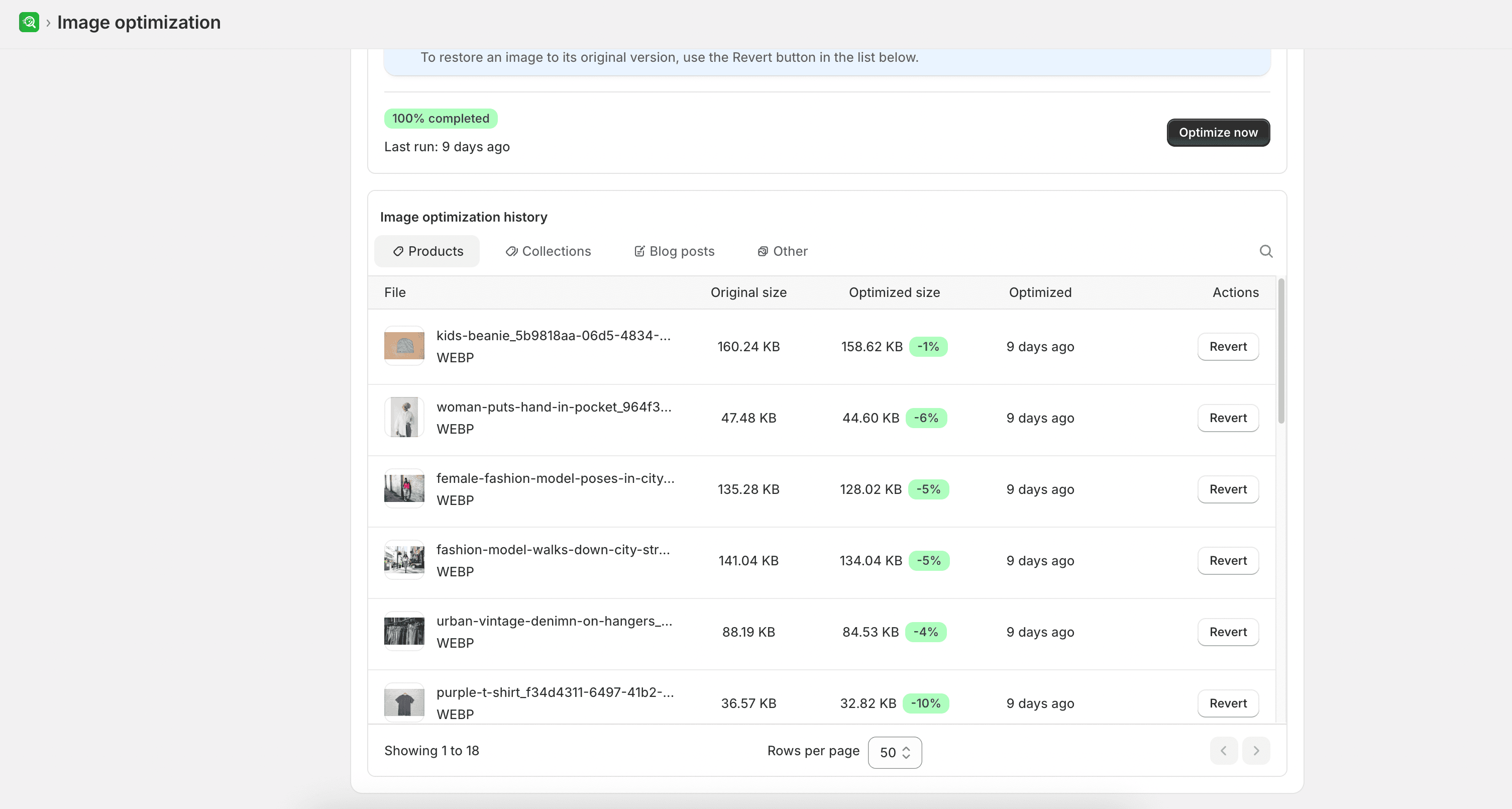 Image optimization history with size comparison and revert actions