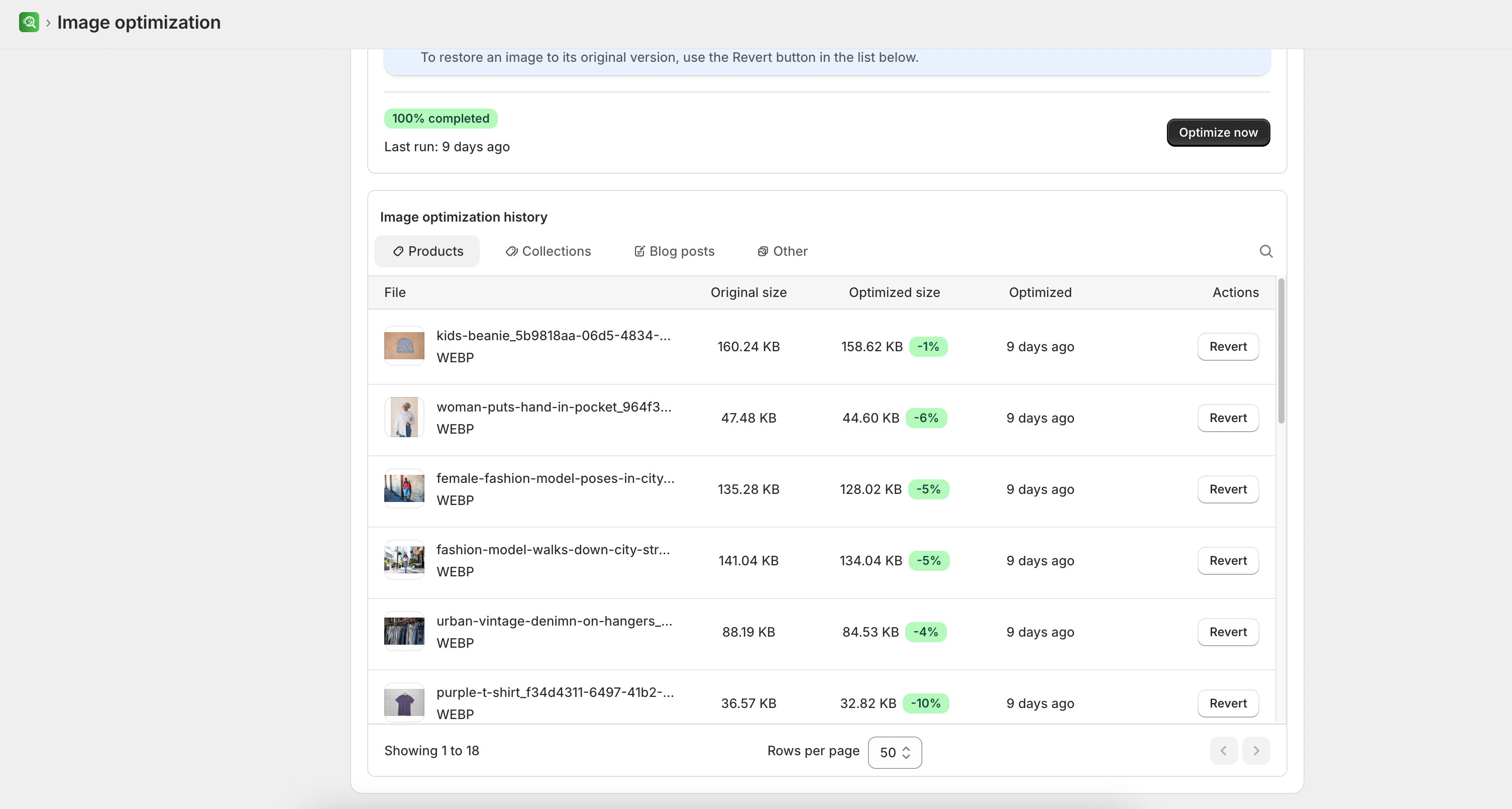 Image optimization history with size comparison and revert actions