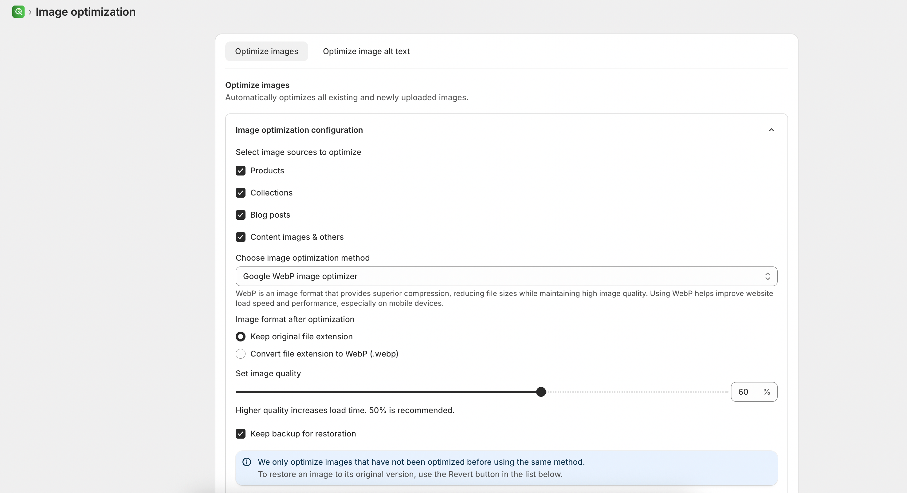 Image optimization overview with compression settings