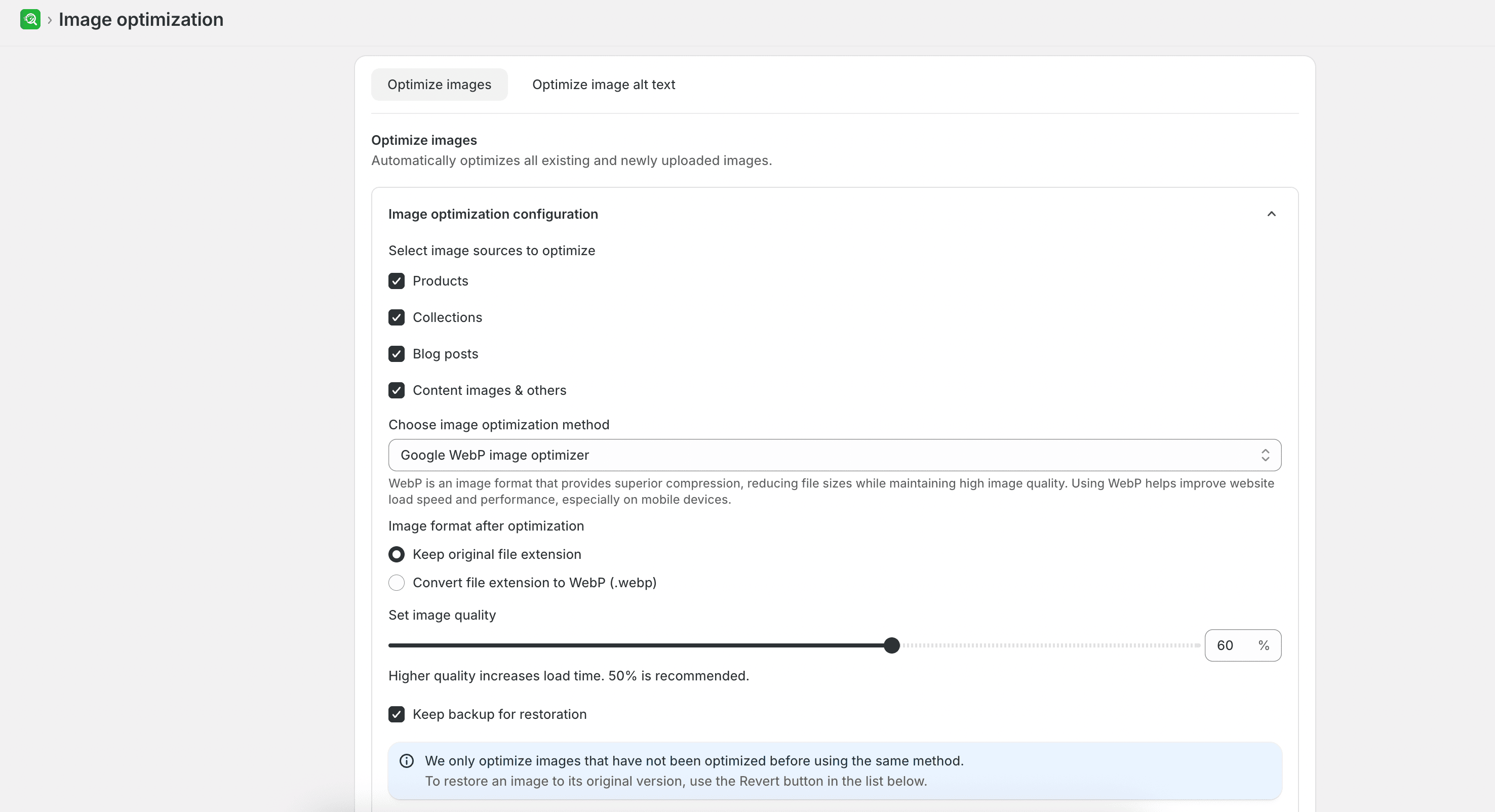 Image optimization overview with compression settings