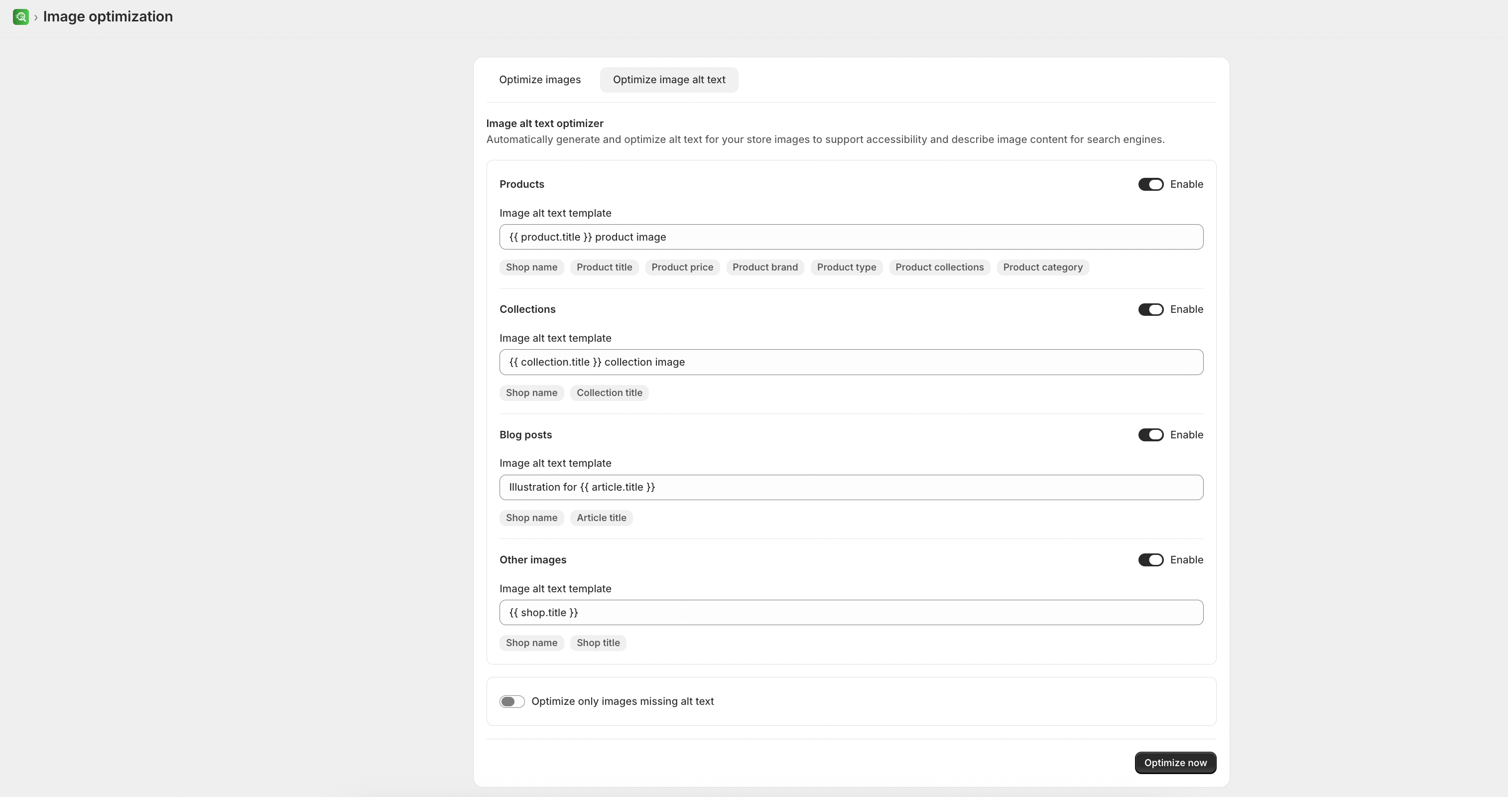 Optimize image alt text tab with templates and resource toggles