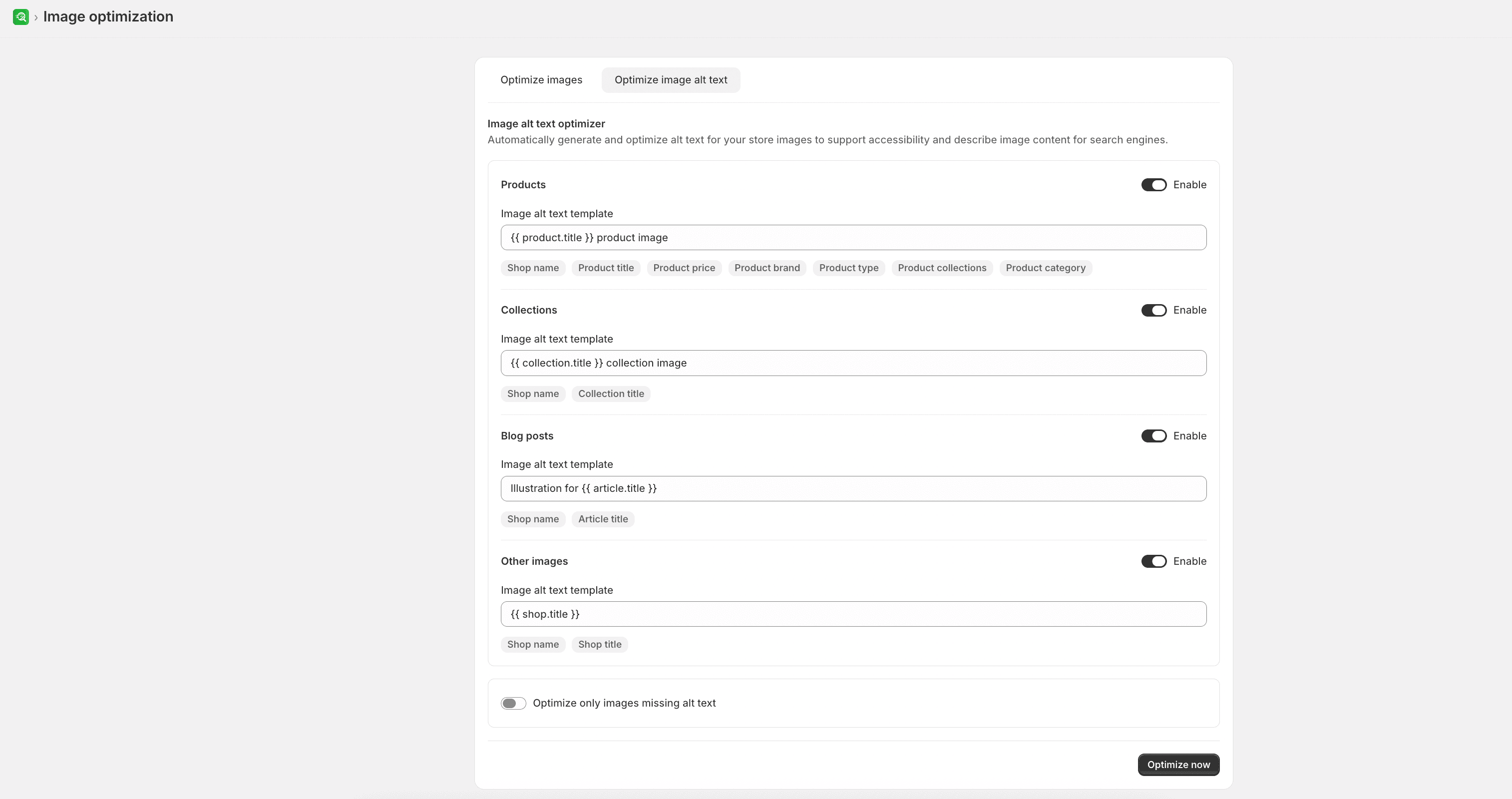 Optimize image alt text tab with templates and resource toggles