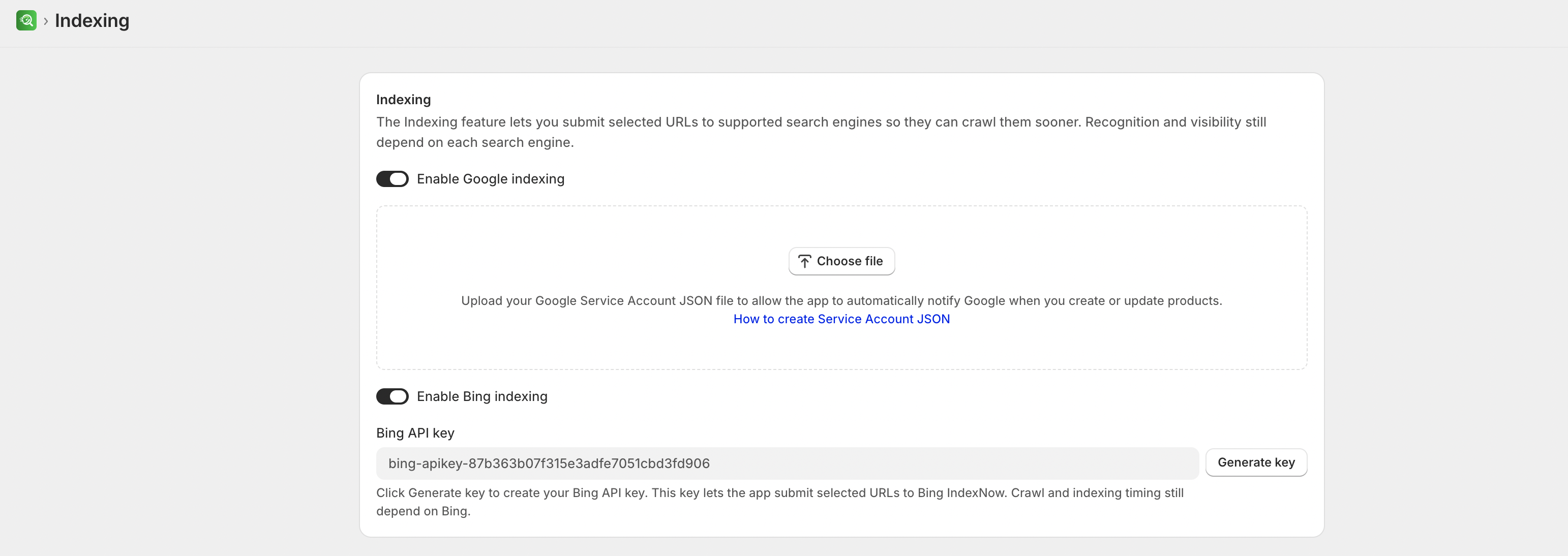 Indexing connection settings