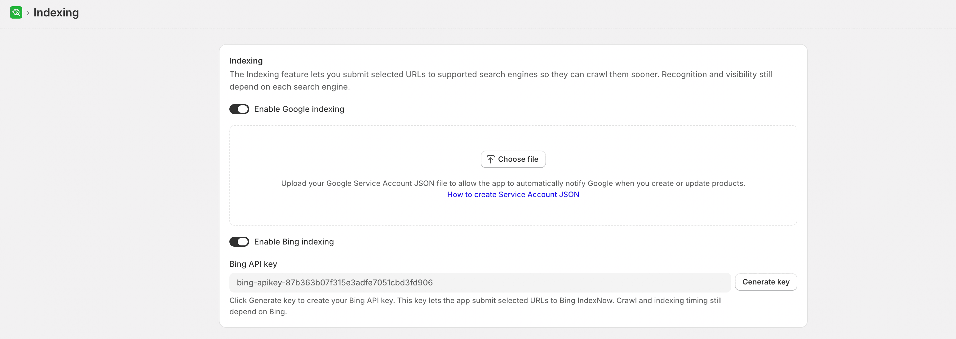 Indexing connection settings