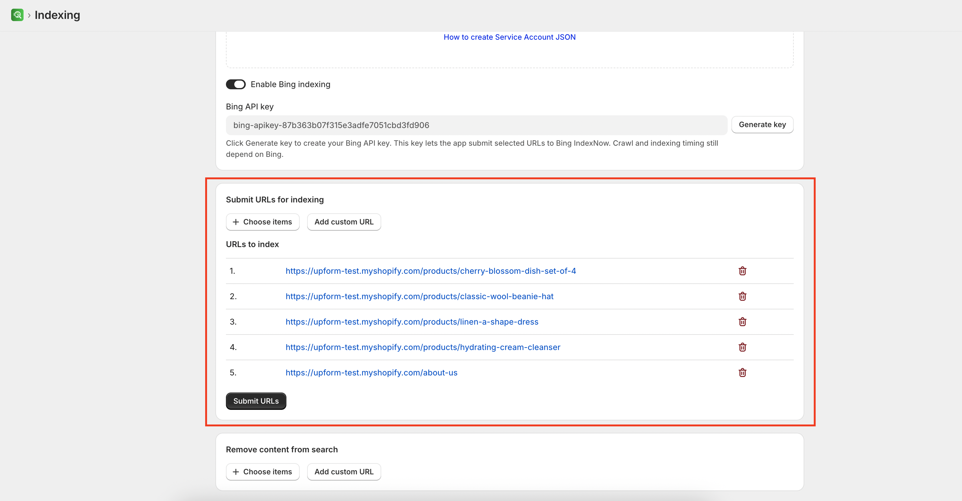 Submit URLs for indexing
