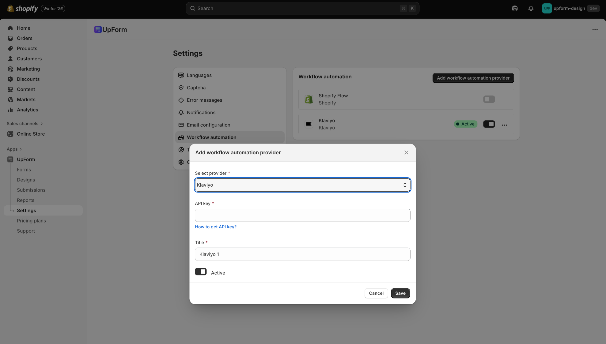 Add Klaviyo workflow automation provider