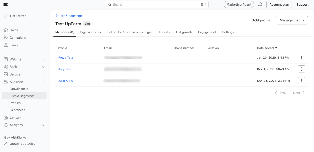 Klaviyo list with synced contact