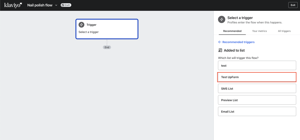 Select Klaviyo list for flow trigger