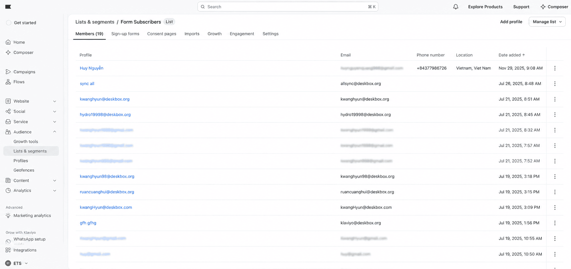 Klaviyo list with synced contact