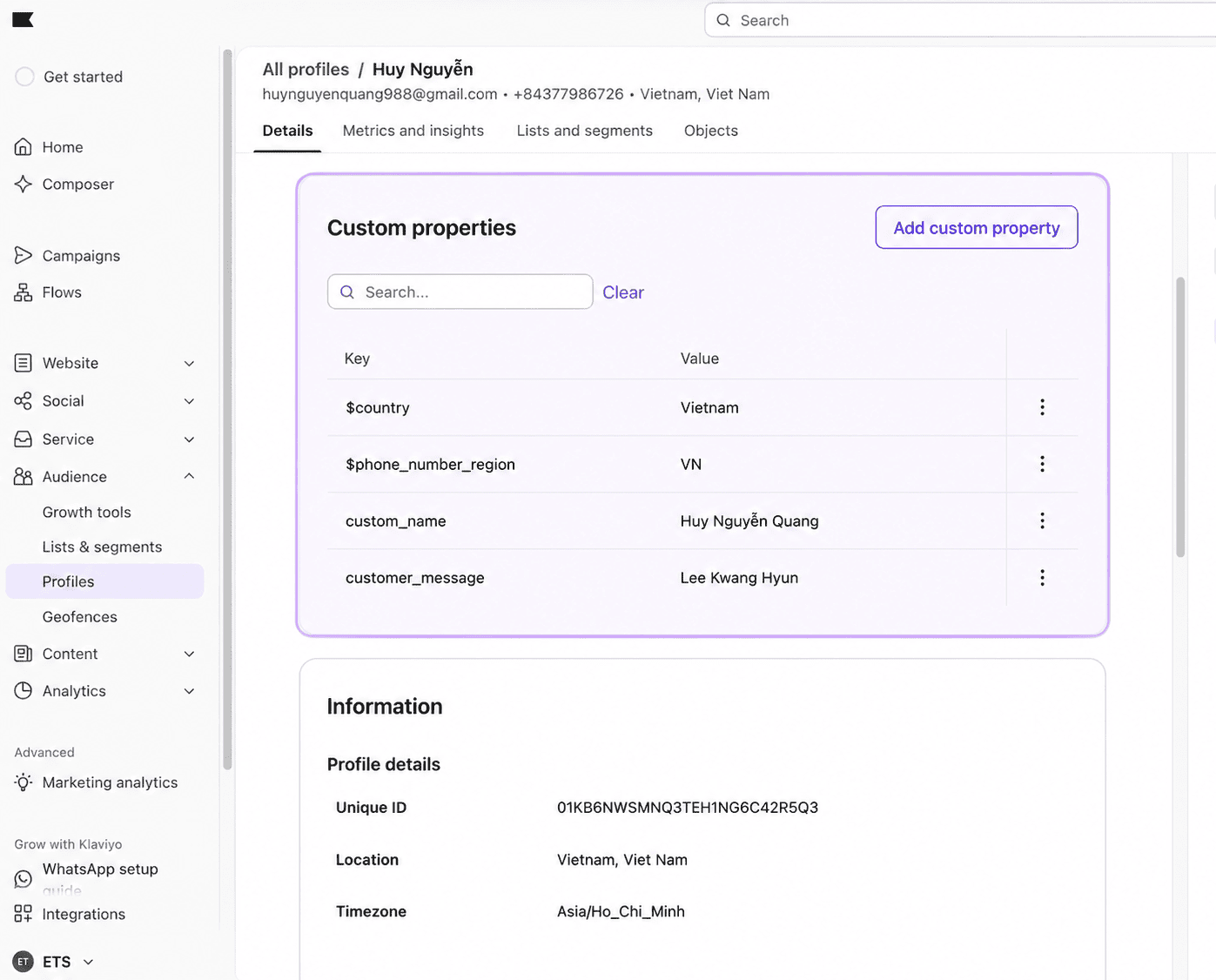 Klaviyo profile custom property values