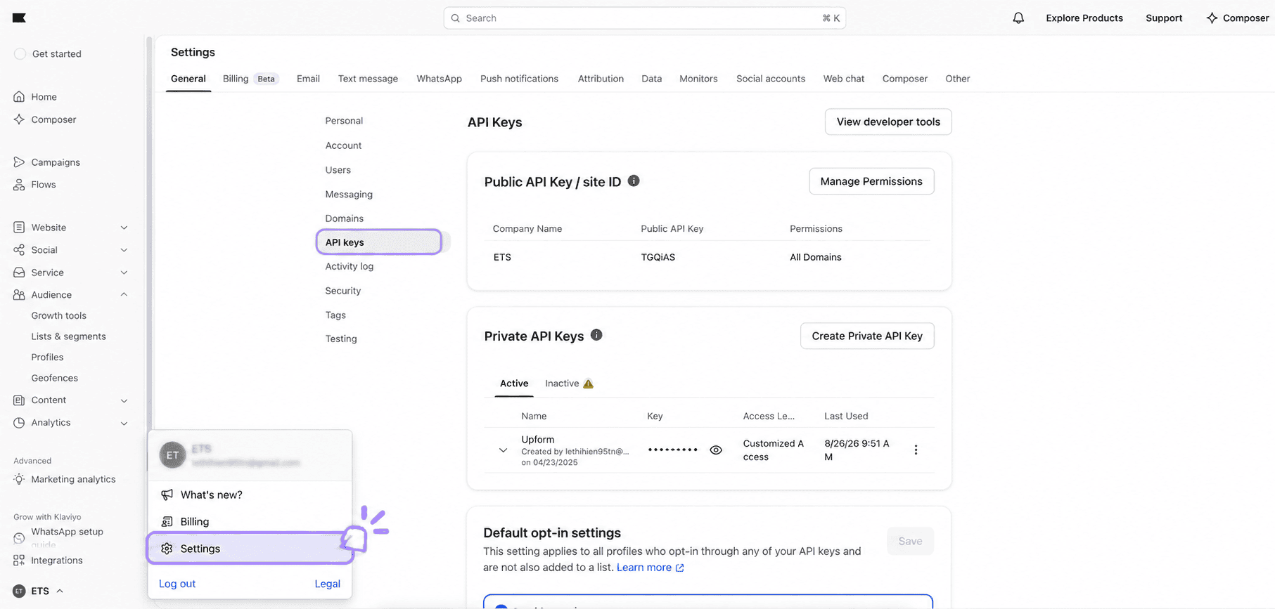Klaviyo Settings API Keys page