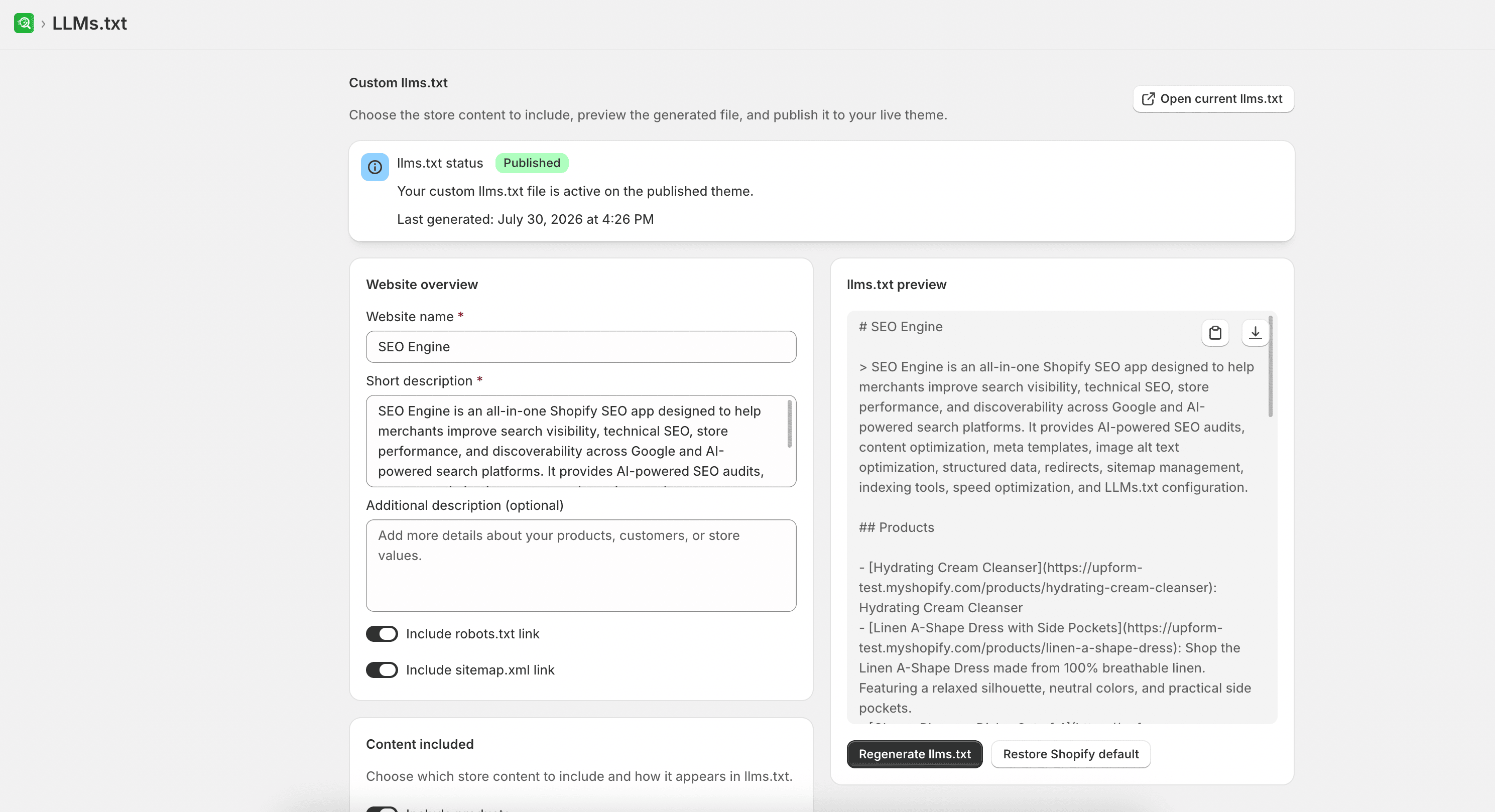 LLMs.txt website overview settings