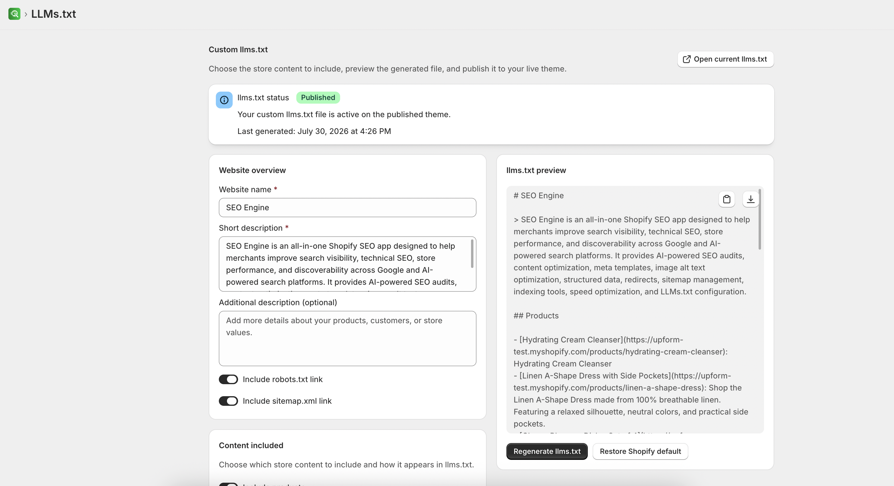 LLMs.txt website overview settings
