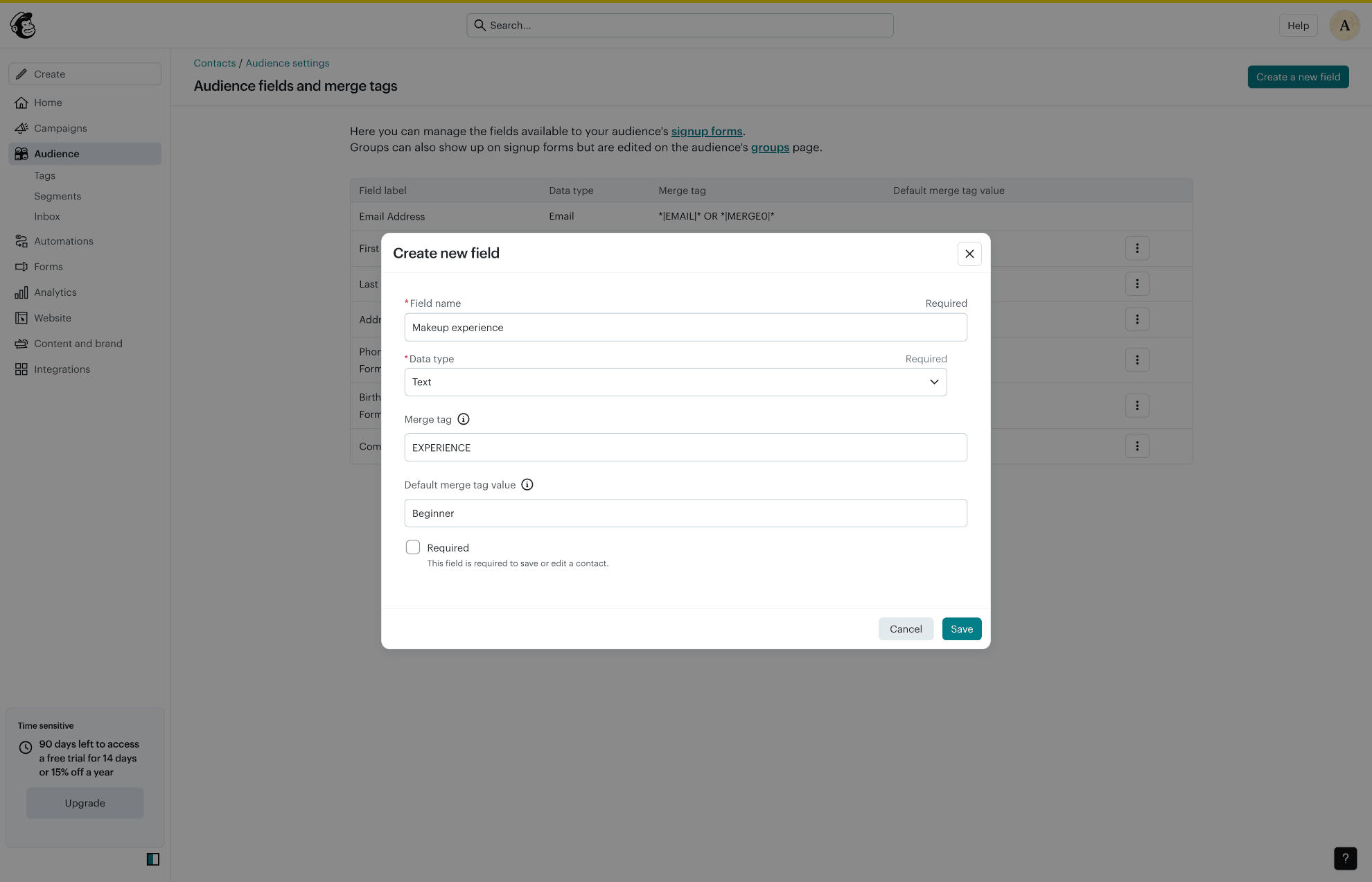 Choose Mailchimp field data type