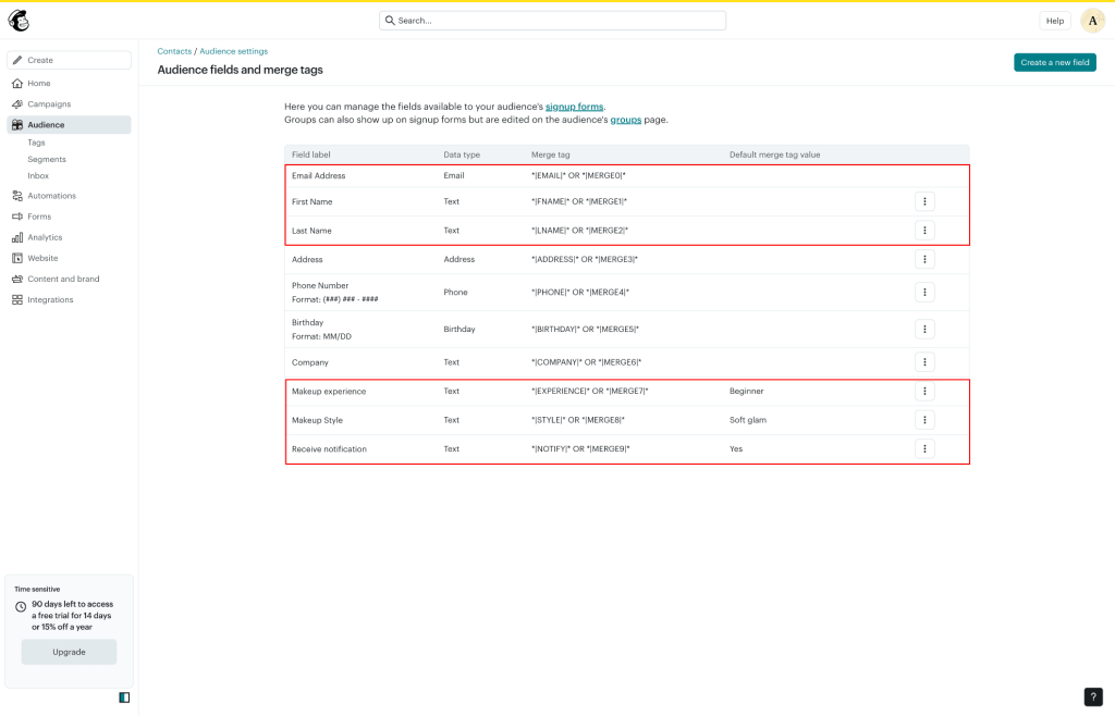 Save Mailchimp field name and merge tag