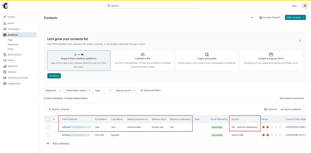 Mailchimp audience with synced contact