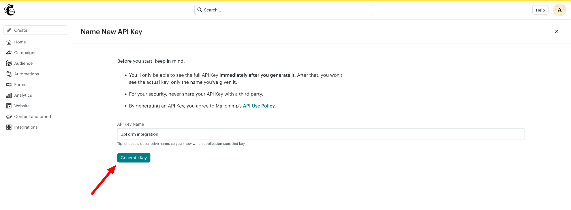 Name and generate Mailchimp API key