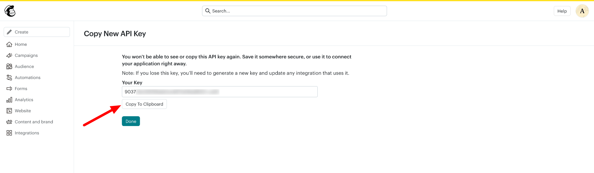Copy Mailchimp API key