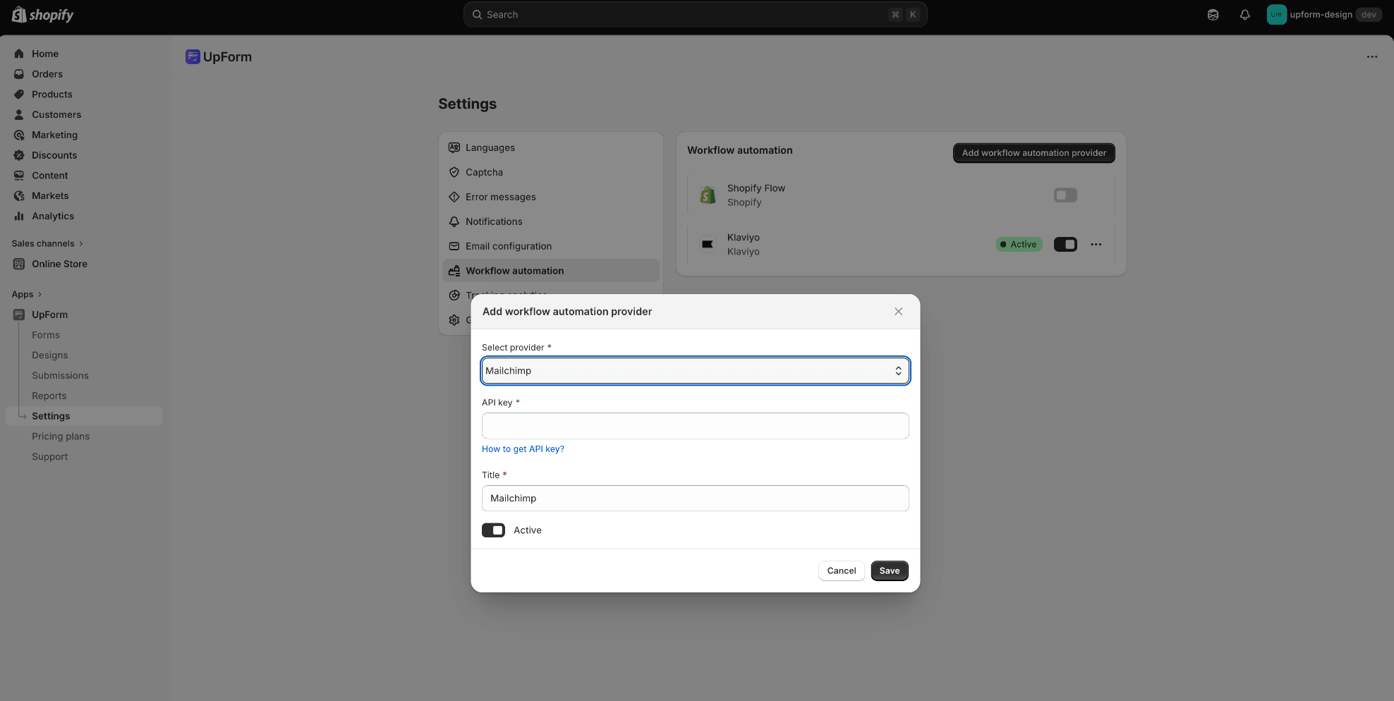 Add Mailchimp workflow automation provider
