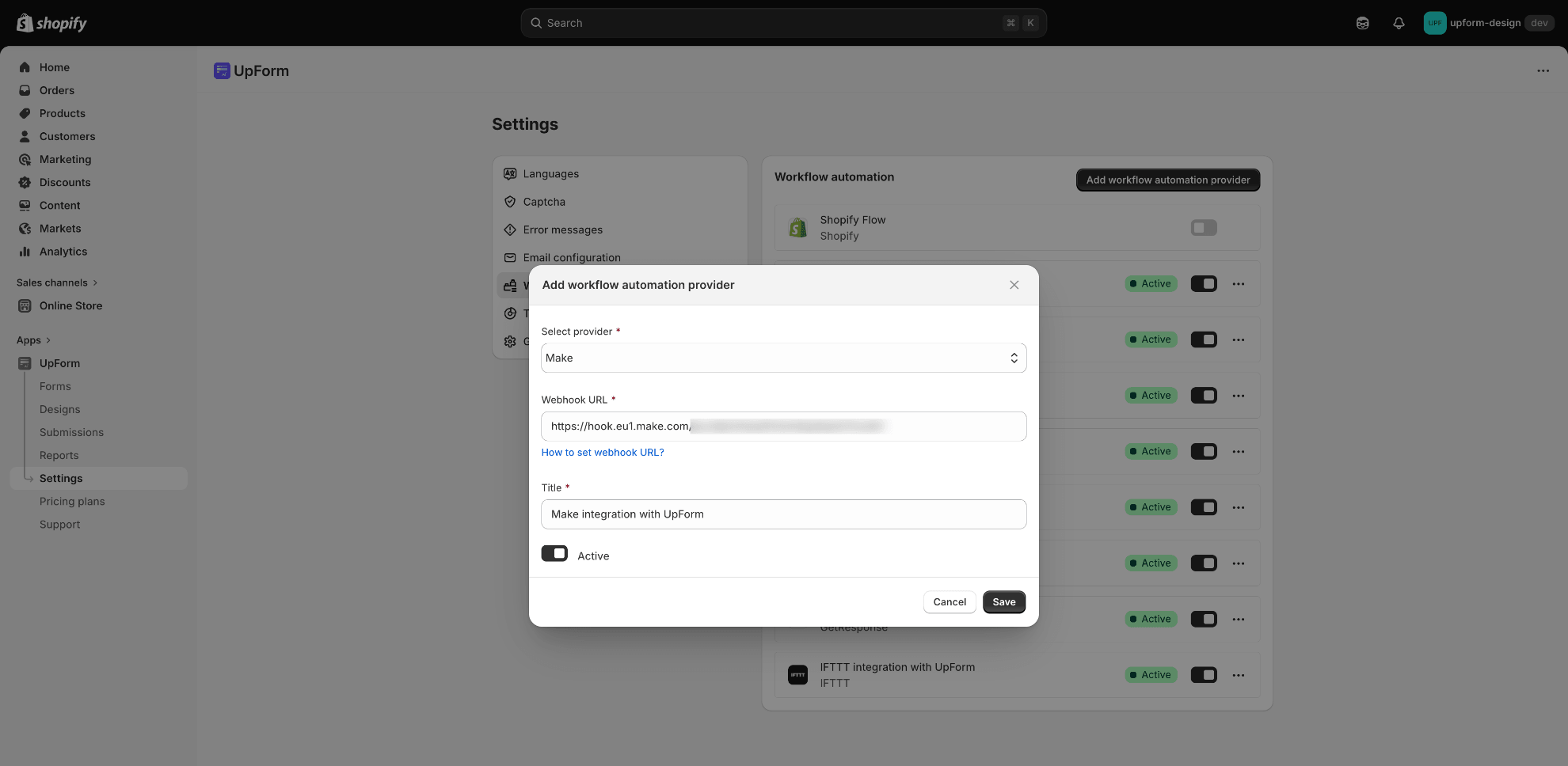 Paste Make webhook URL in UpForm