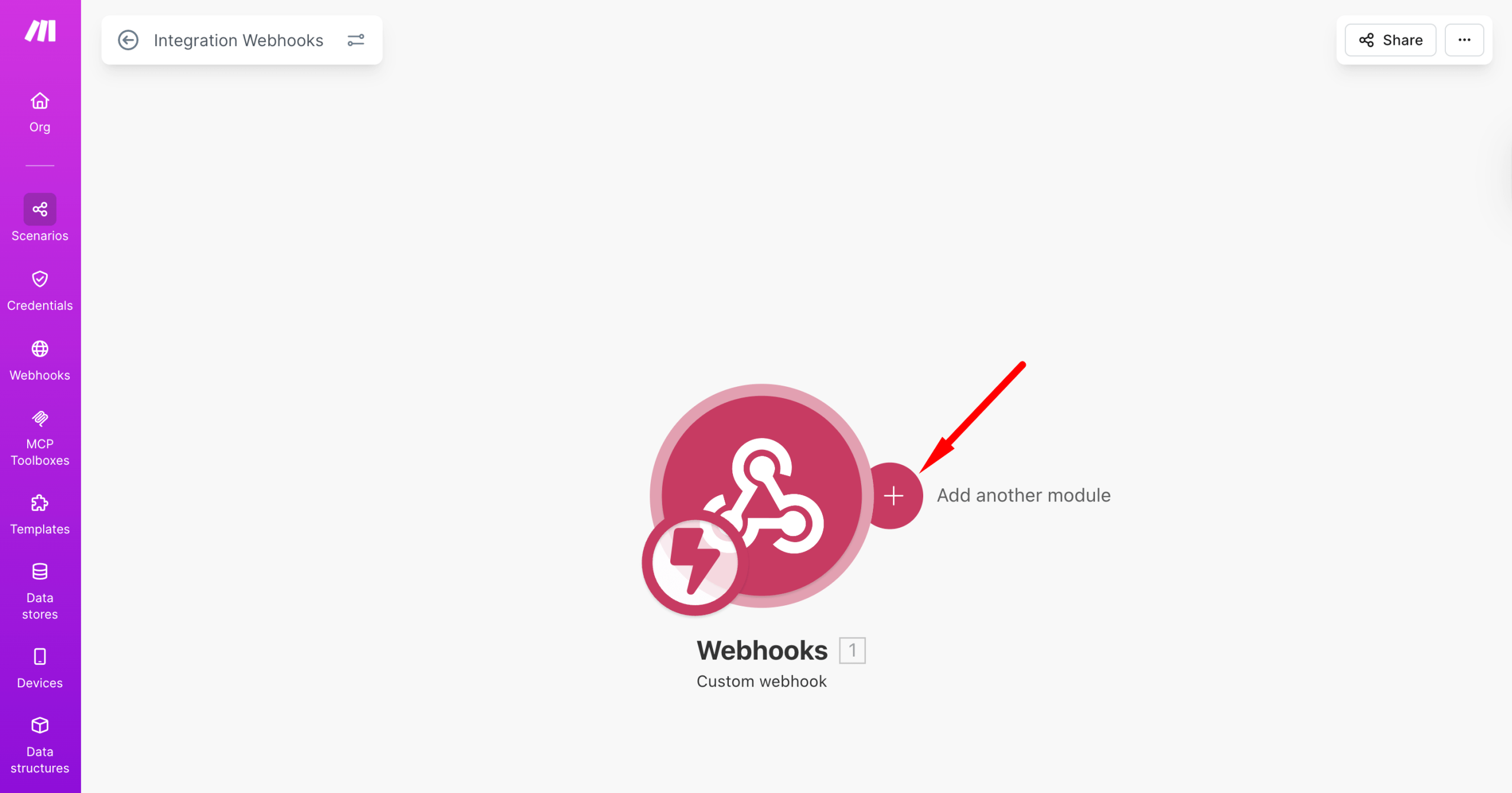 Add module after Webhooks in Make
