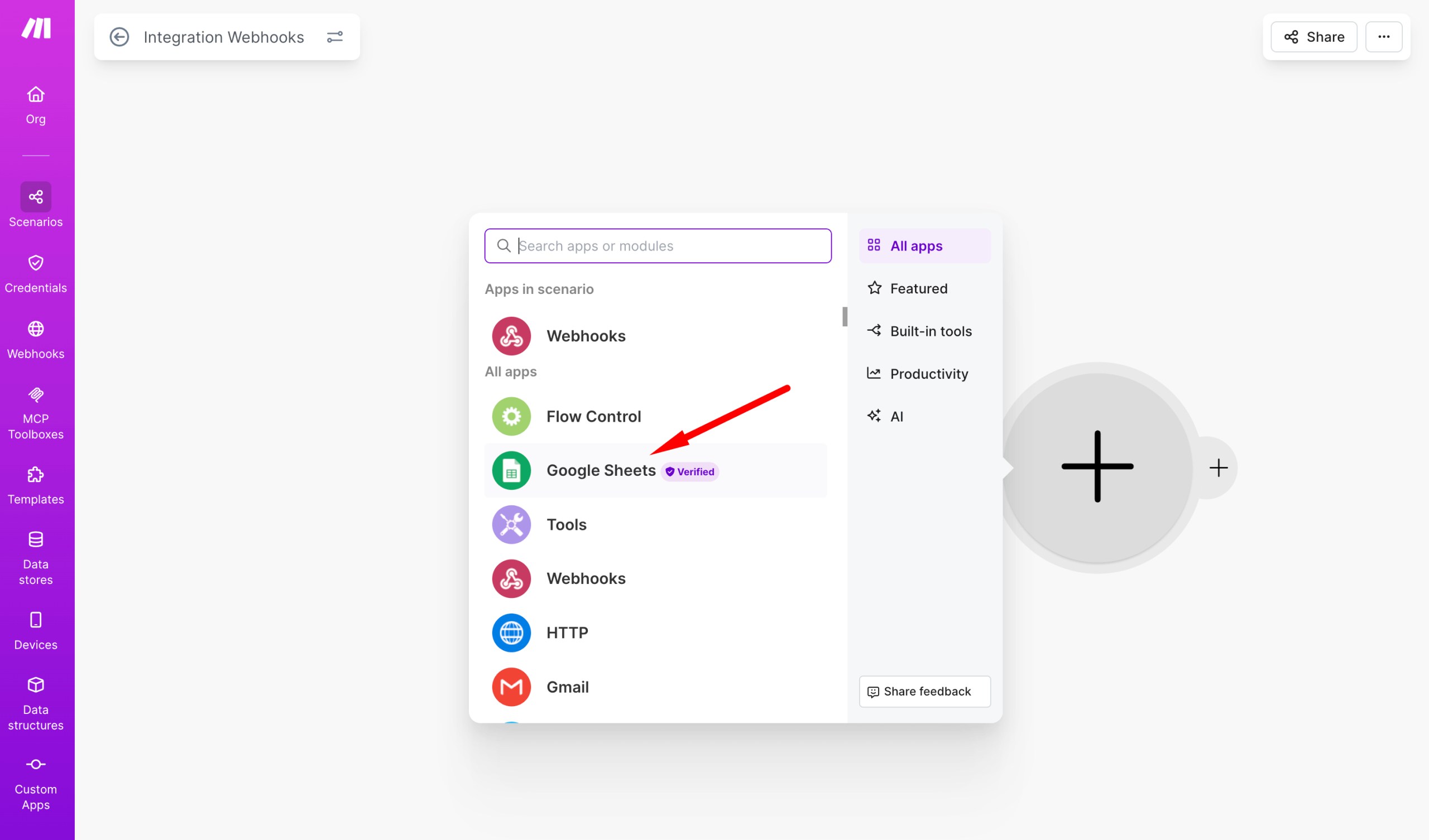 Select Google Sheets module in Make
