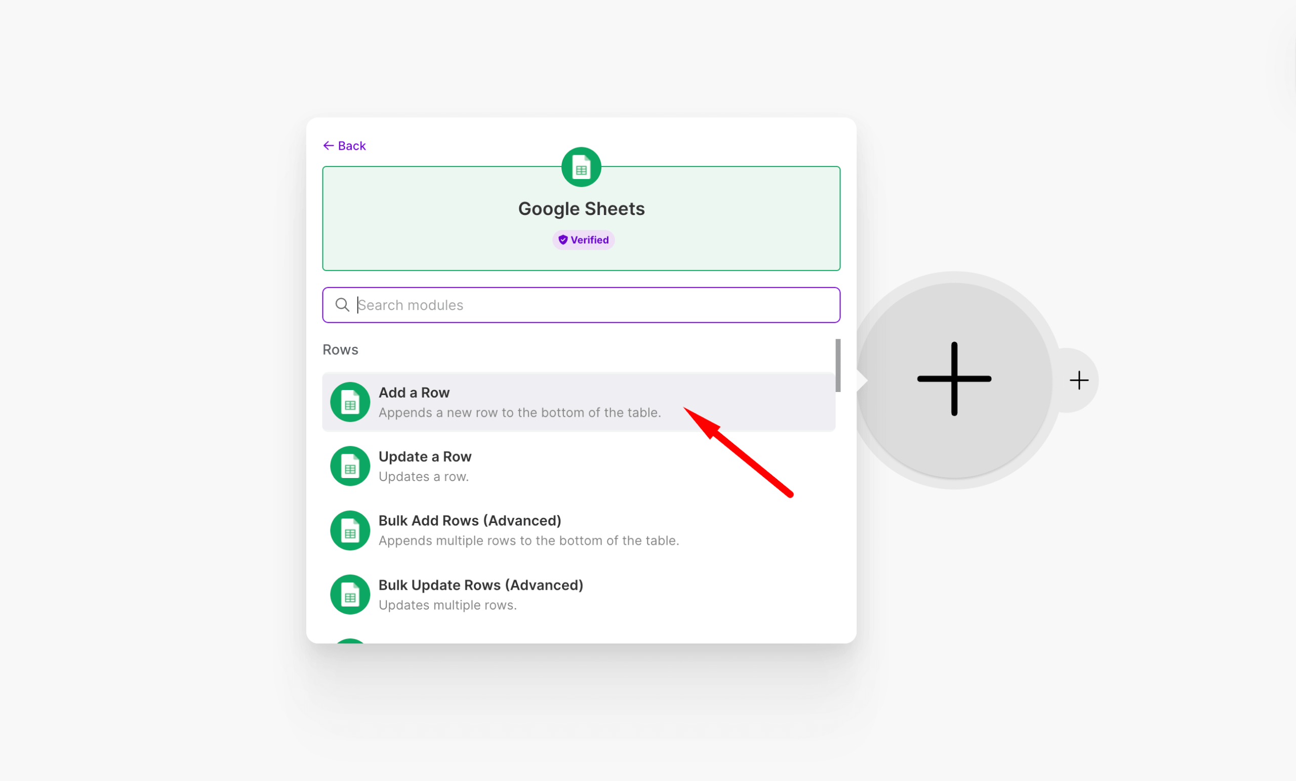 Choose Google Sheets Add a Row