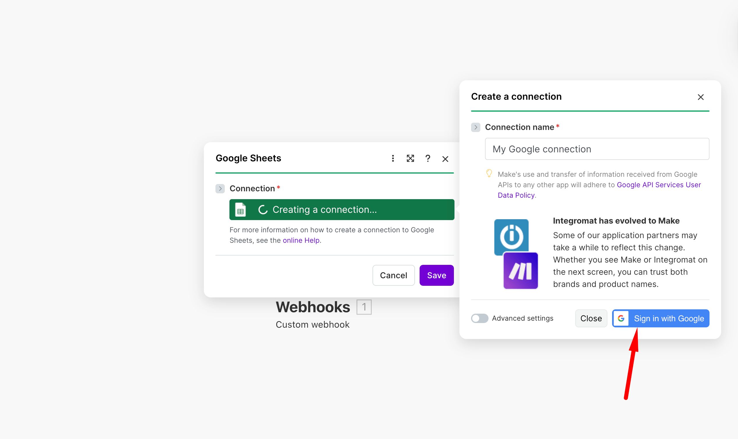 Sign in to Google in Make