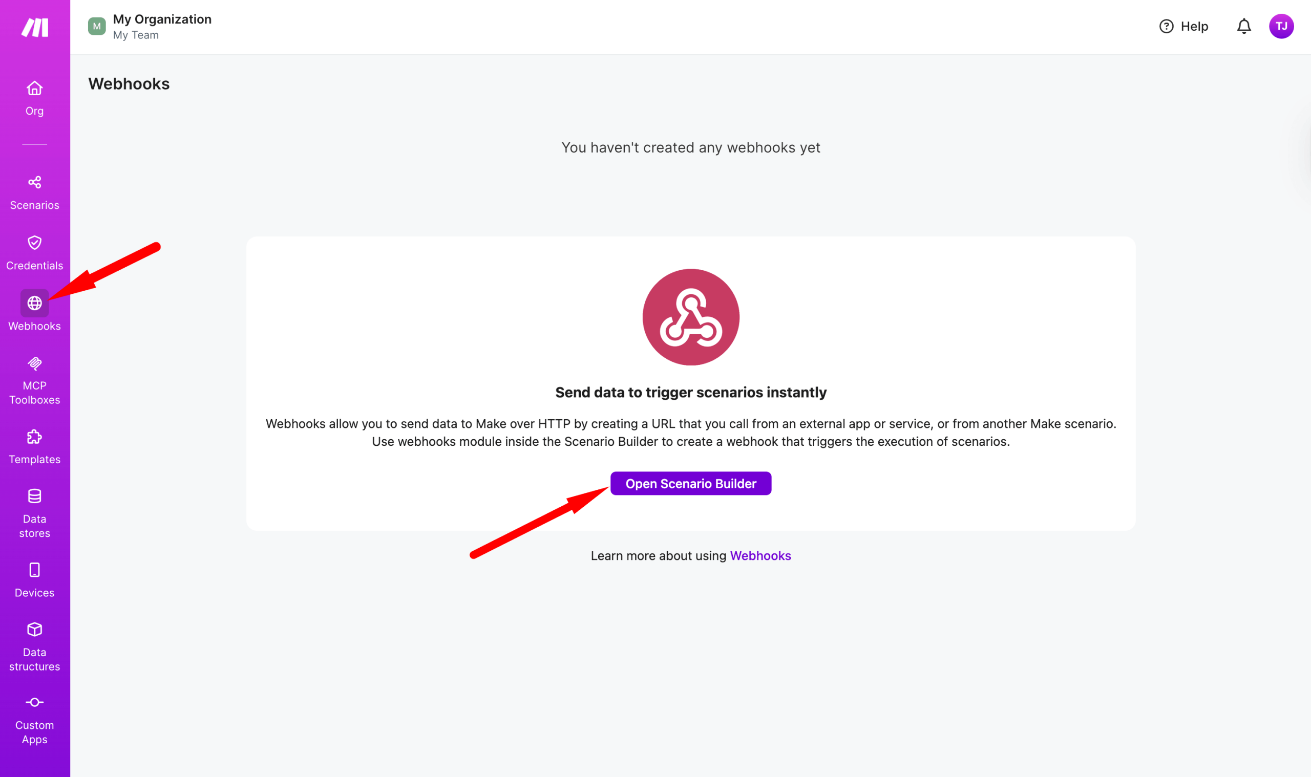 Open Make Webhooks scenario builder