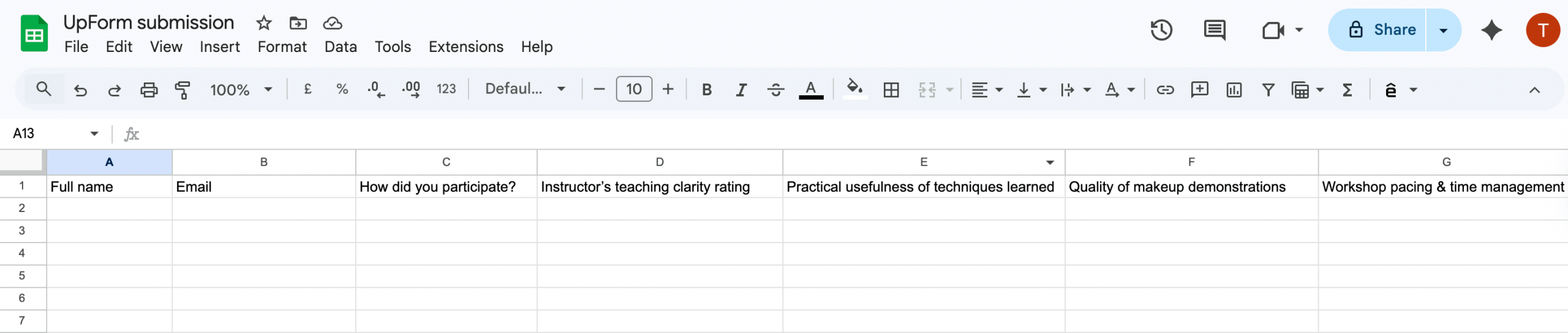 Prepare Google Sheet header row