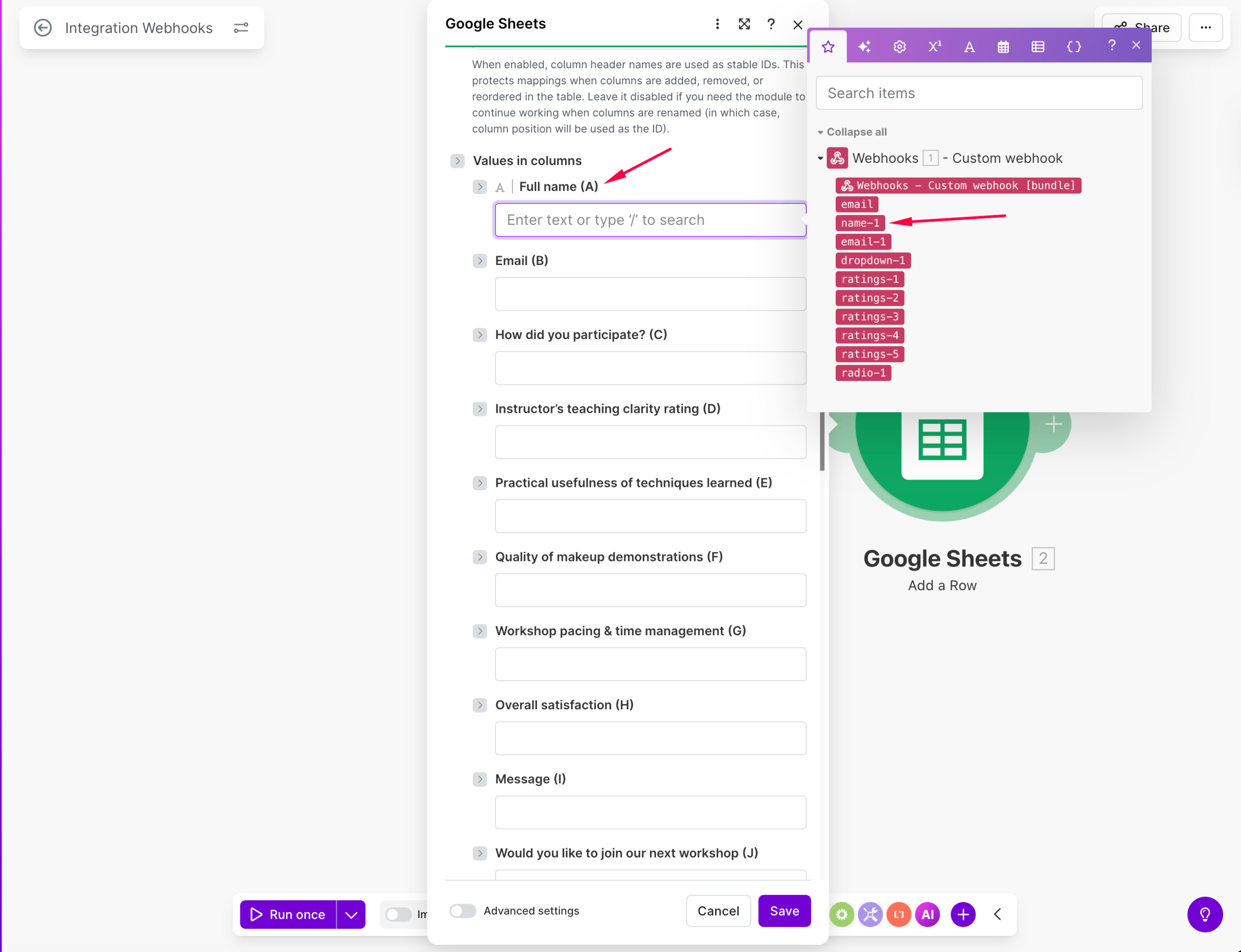 Map webhook fields to sheet columns
